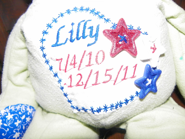 A memorial teddy bear made from the blankets Lily used to clutch